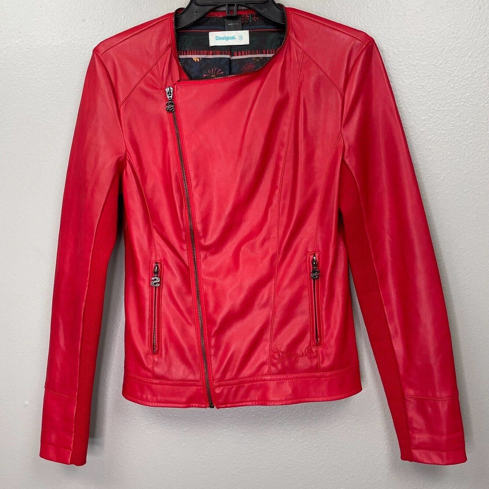 Desigual Faux Leather Jacket Womens Small 36 Red Moto Biker Long Sleeve